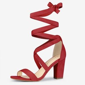 NEW Allegra K Red Faux Suede Crisscross Lace Up Block Mid Heel Sandals- Size 7